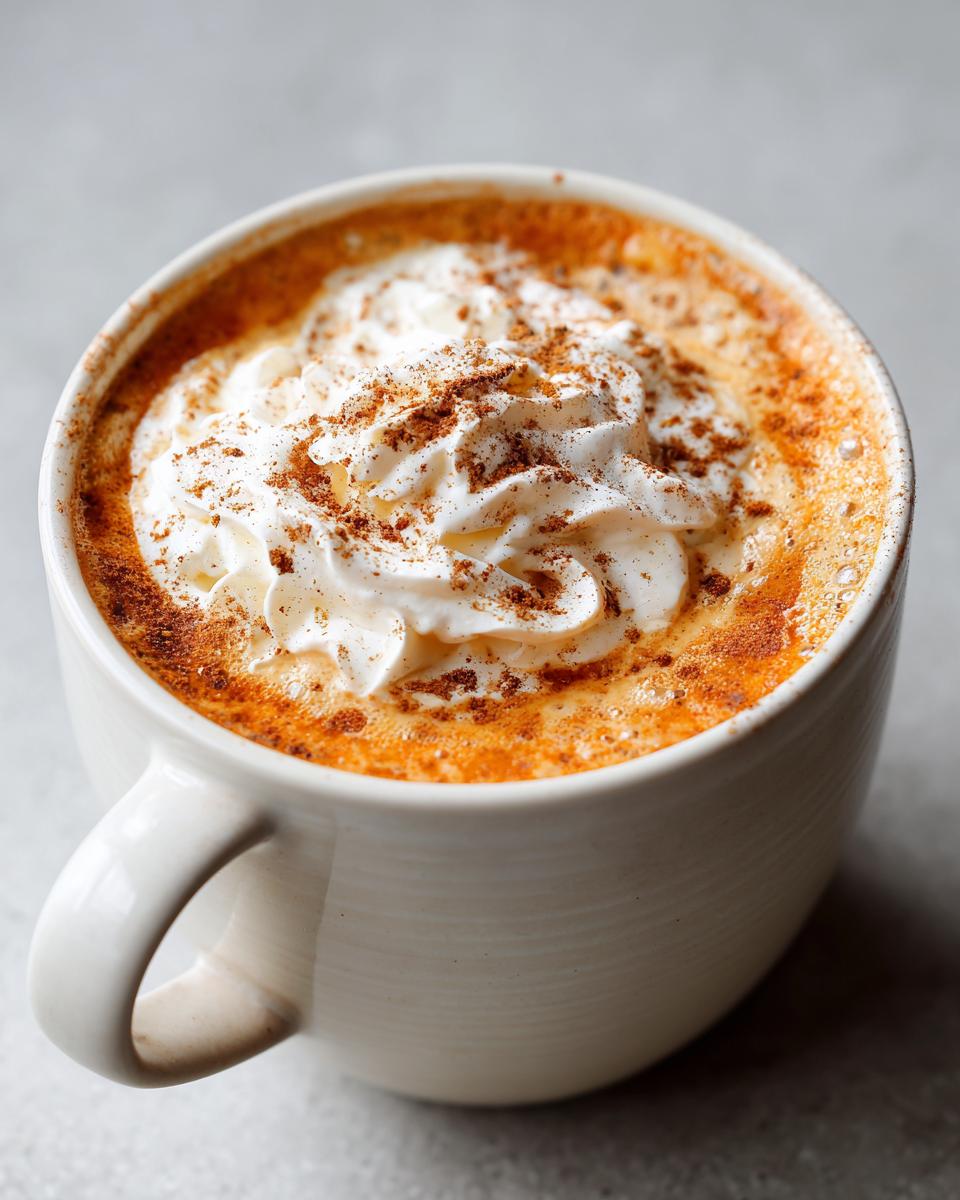 Close-up of a creamy pumpkin spice latte topped with whipped cream and sprinkled cinnamon in a white mug.