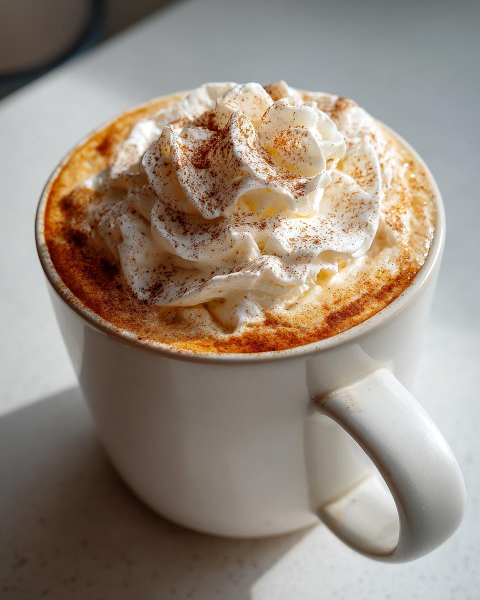Close-up of a creamy pumpkin spice latte topped with whipped cream and a dusting of cinnamon.