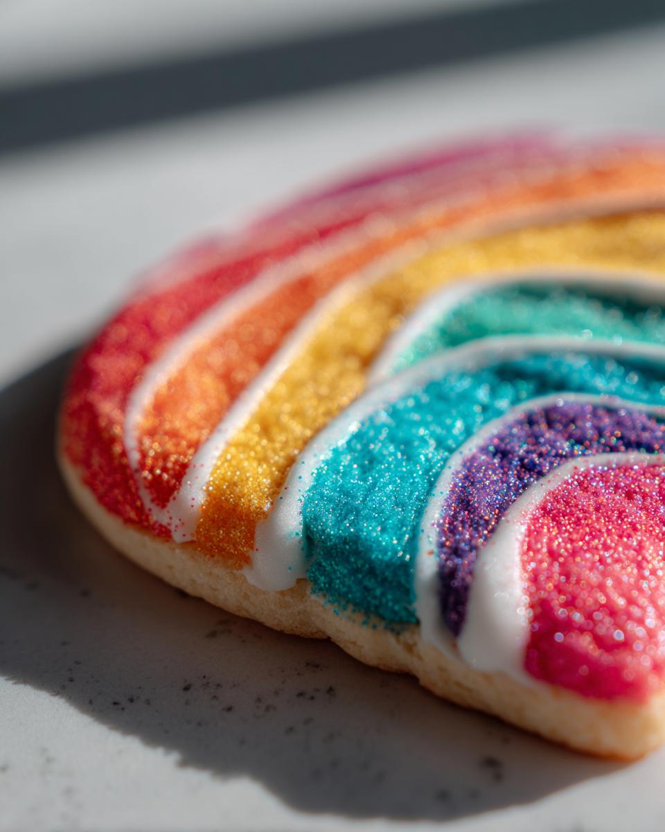 Close-up of a sugar cookie decorated like a rainbow using brightly colored, glittery royal icing recipe.