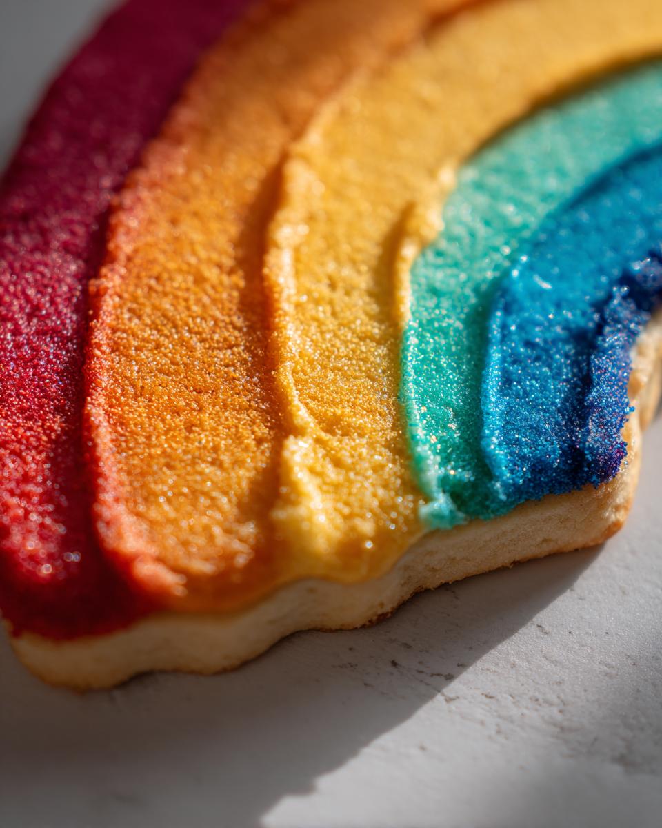 Close-up of a sugar cookie decorated with thick, brightly colored rainbow stripes using a royal icing recipe, topped with edible glitter.