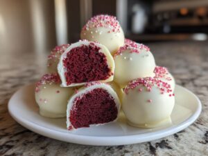 A stack of white chocolate coated red velvet cake pops, two of which are cut in half showing the deep red interior.