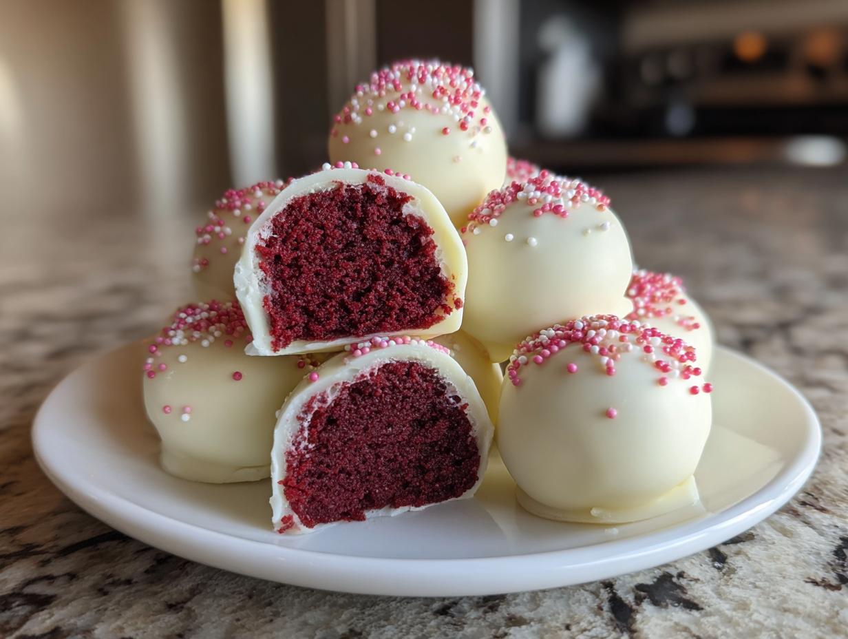 A stack of white chocolate coated red velvet cake pops, two of which are cut in half showing the deep red interior.