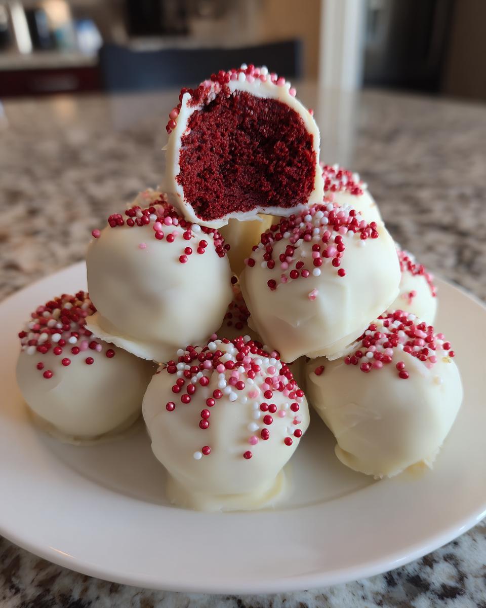 A stack of white chocolate-dipped red velvet cake pops topped with red and pink sprinkles, one cut open showing the interior.