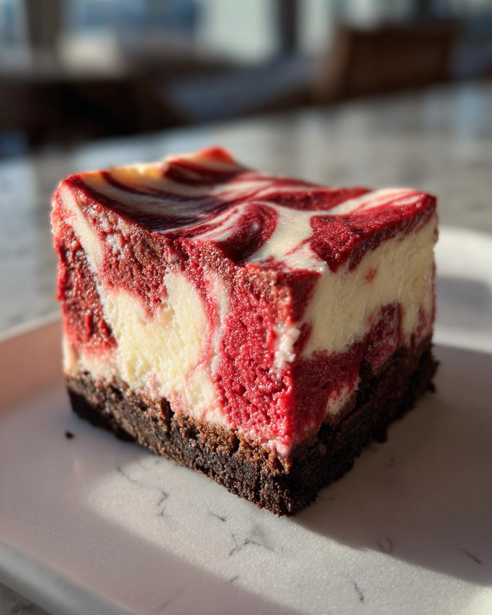 A close-up, sunlit slice of red velvet cheesecake featuring a marbled red and white top and a dark brownie crust, served on a white plate.