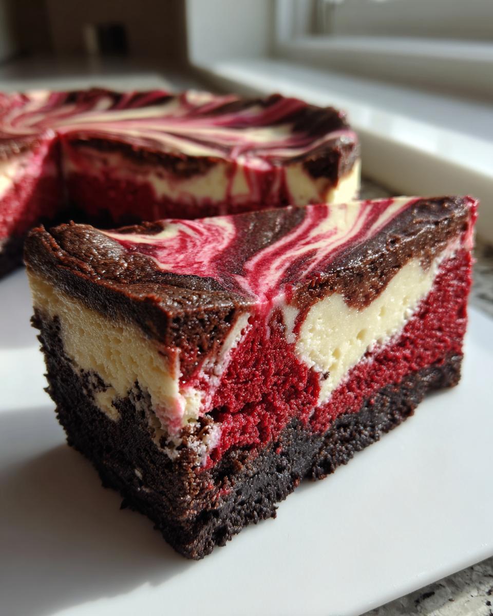 A close-up slice of rich red velvet cheesecake showing distinct layers and a marbled cream cheese swirl topping.