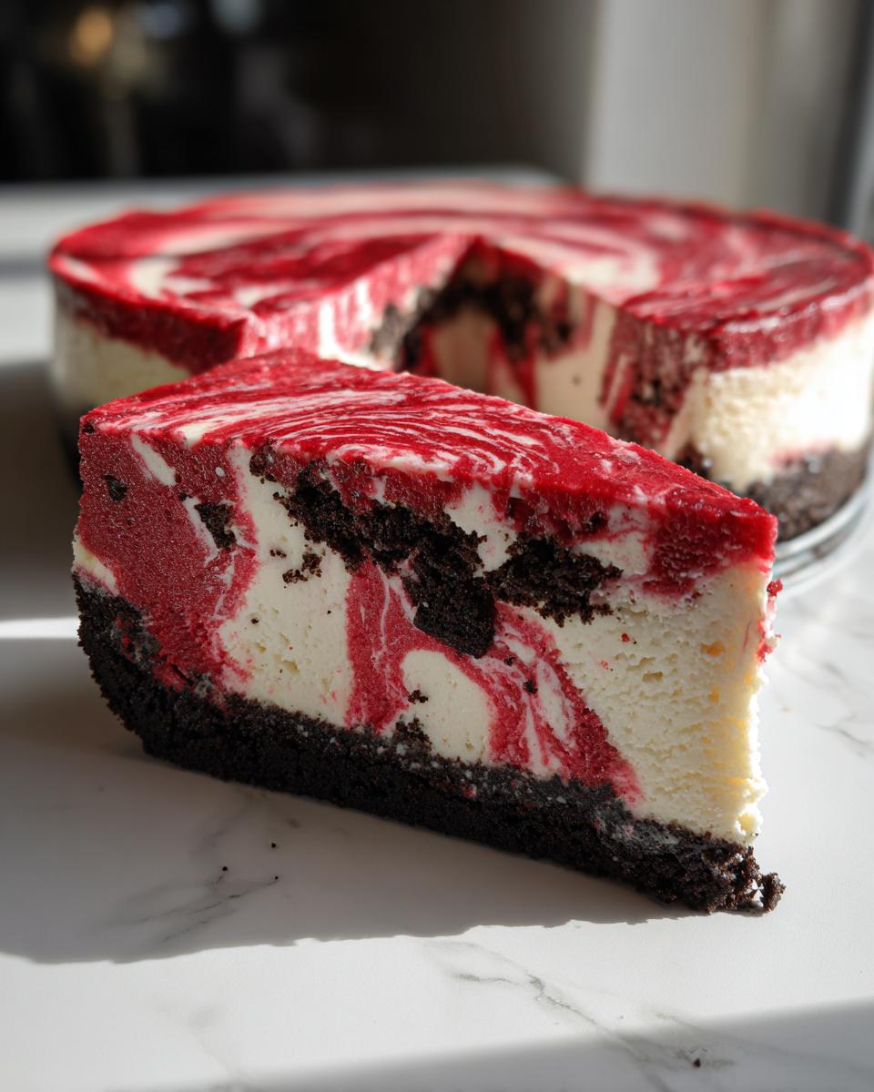 A close-up slice of red velvet cheesecake with a dark crust and a beautiful red and white swirl pattern.