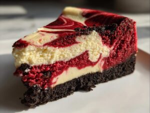 Close-up of a decadent slice of red velvet cheesecake featuring a vibrant red and white swirl pattern and a thick, dark chocolate crust.