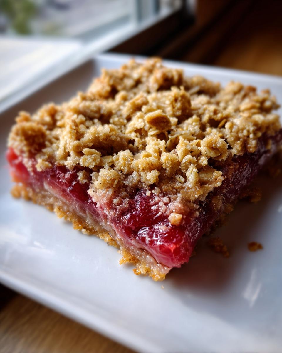 A close-up, slightly angled shot of a square portion of rhubarb crisp bar showing the bright red fruit filling and thick, crumbly oat topping.