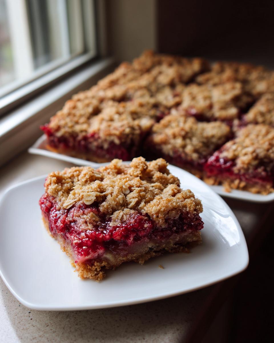 A square serving of rhubarb crisp bar with a thick, juicy red filling and oat crumble topping on a white plate.