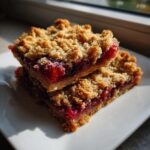 Two stacked bars of rhubarb crisp showing a thick, jammy red filling and a golden, crumbly topping.