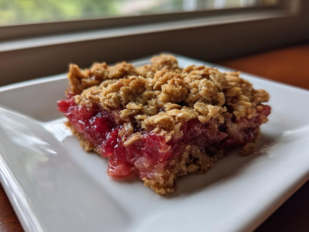 A square serving of bright red rhubarb crisp with a thick, golden oat crumble topping, served on a white plate.
