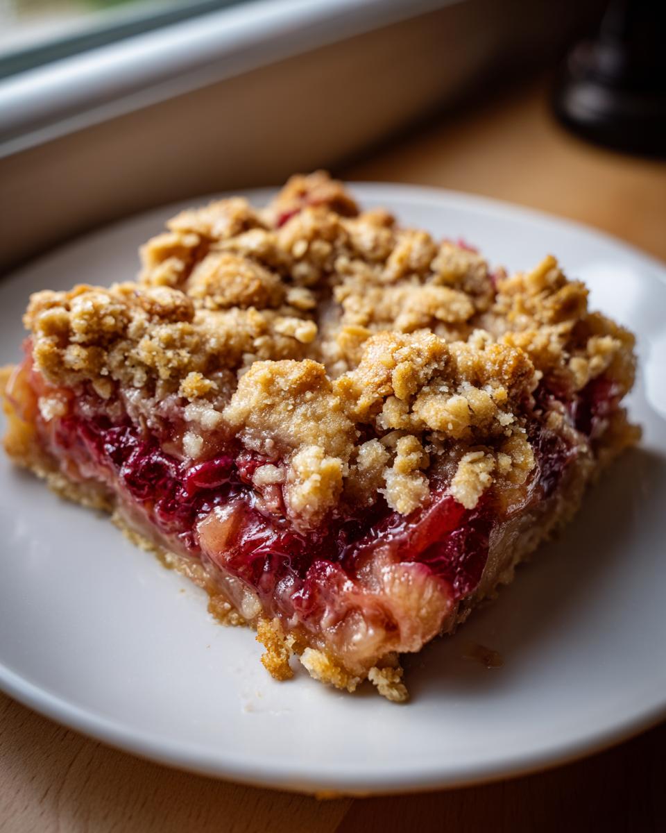 Close-up of a square slice of rhubarb crisp showing juicy red filling and golden brown oat crumble topping.