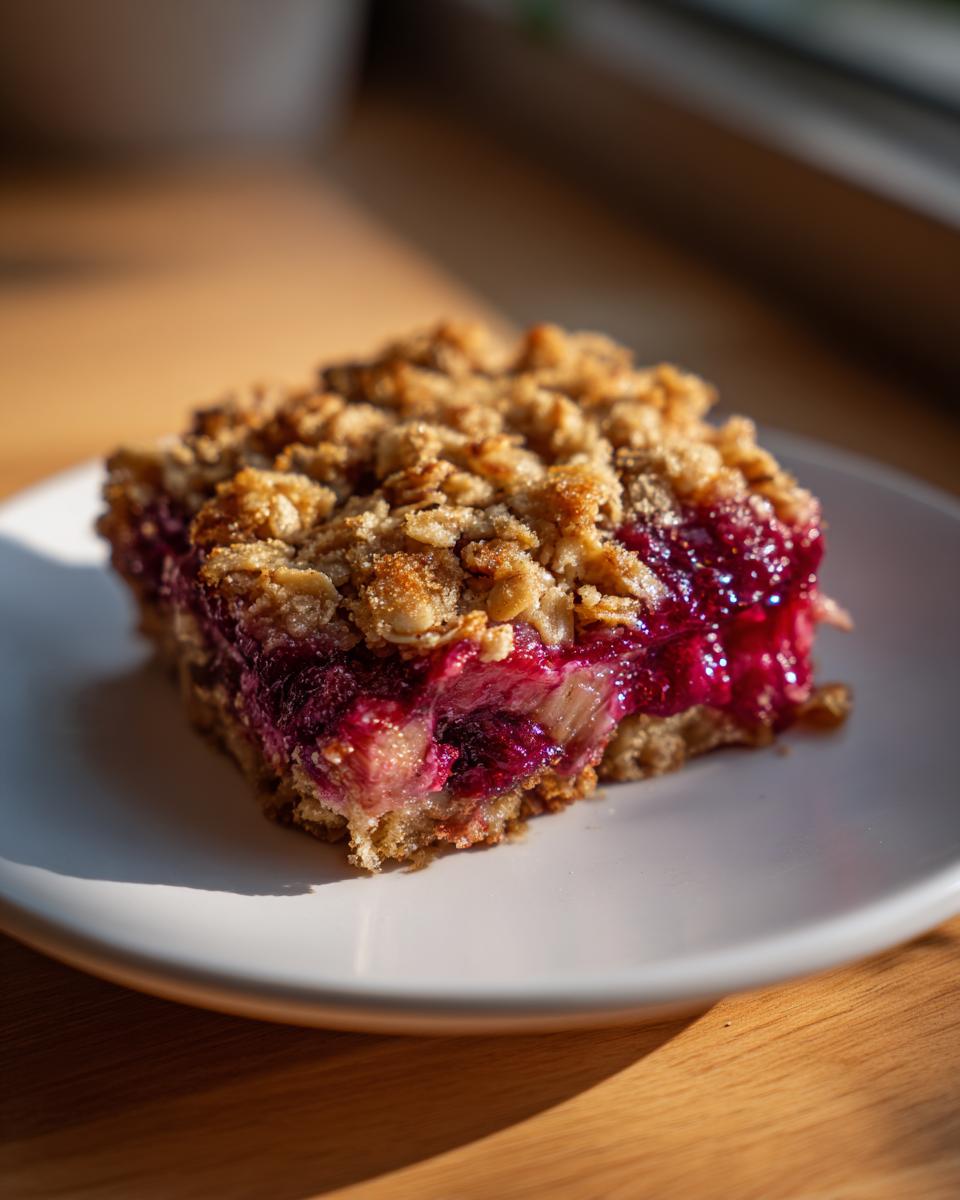 A square serving of baked rhubarb crisp with a thick, golden oat topping and vibrant red-purple fruit filling.