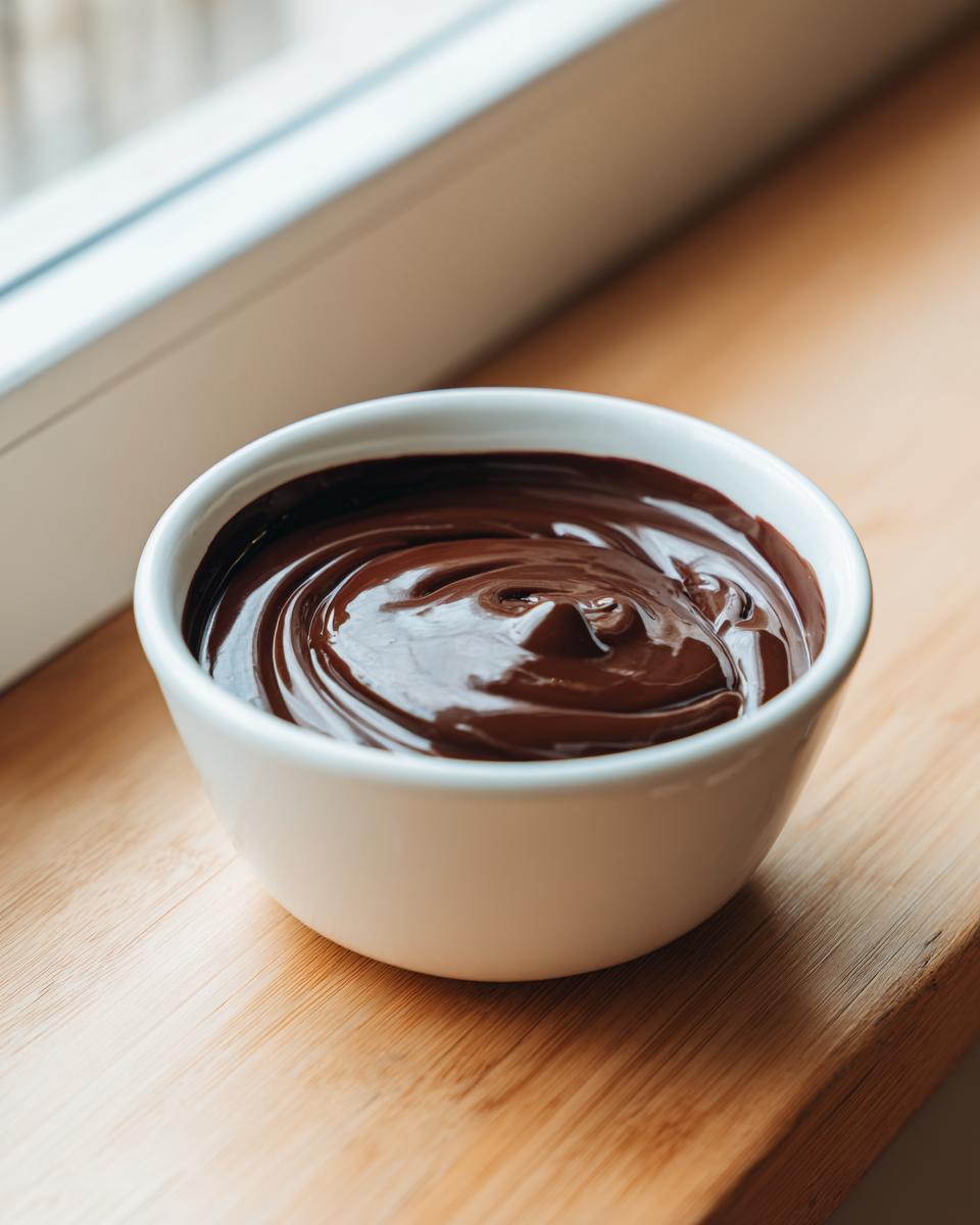 A small white bowl filled with glossy, swirled dark chocolate dip, sitting on a wooden surface.