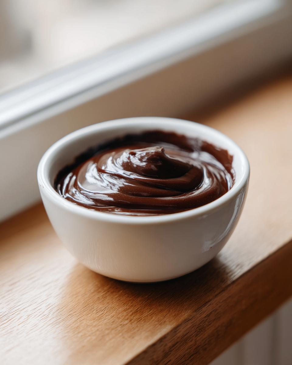 A small white bowl filled with glossy, rich chocolate dip, sitting on a wooden surface.