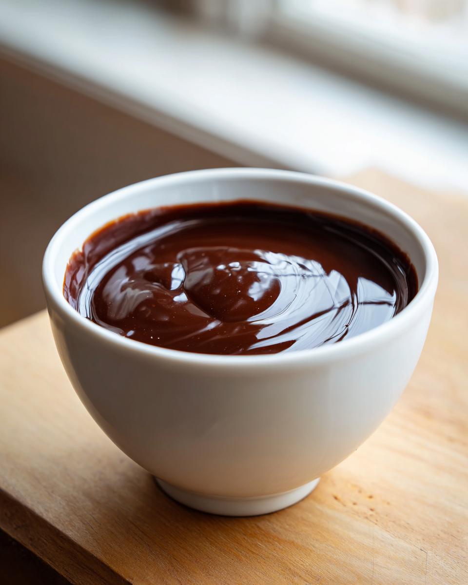A close-up of rich, glossy chocolate dip filling a small white bowl, set on a wooden surface near a window.