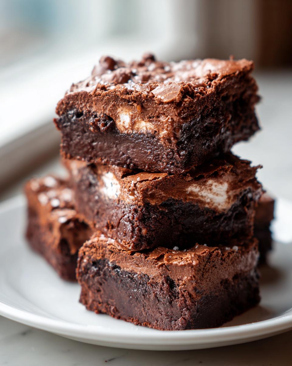 A stack of rich, dark chocolate fudge brownies with visible marshmallow swirls and sea salt flakes on top.