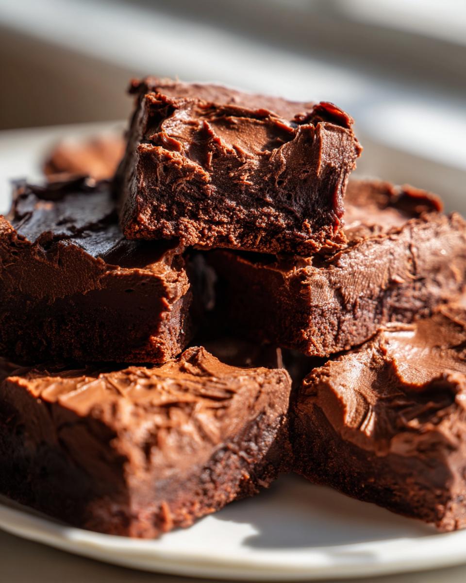 A stack of rich, dark chocolate fudge squares with a creamy, swirled top texture.