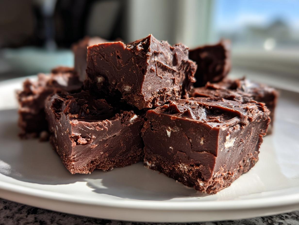 Close-up of rich, dark chocolate fudge squares piled on a white plate, highlighting the texture of the fudge.