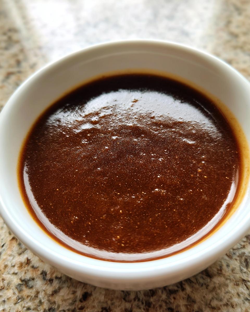 Close-up of rich, dark homemade brown gravy served in a small white bowl on a speckled countertop.