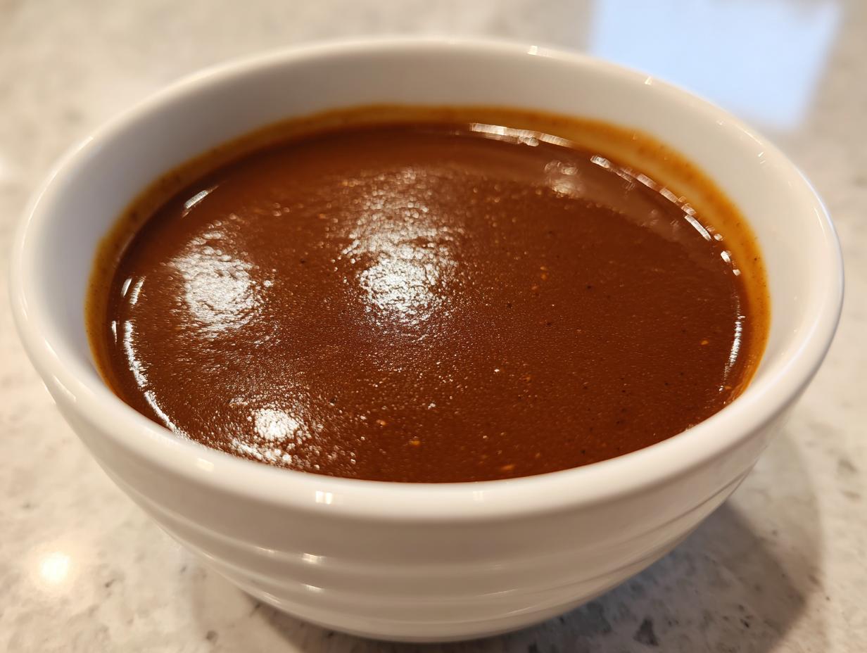 Close-up of rich, dark brown gravy in a small white bowl, showcasing the smooth texture of homemade brown gravy.