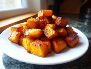 A mound of perfectly caramelized and seasoned roasted butternut squash cubes piled high on a white plate.