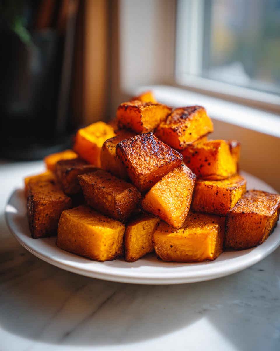 A pile of perfectly seasoned and caramelized roasted butternut squash cubes served on a white plate.