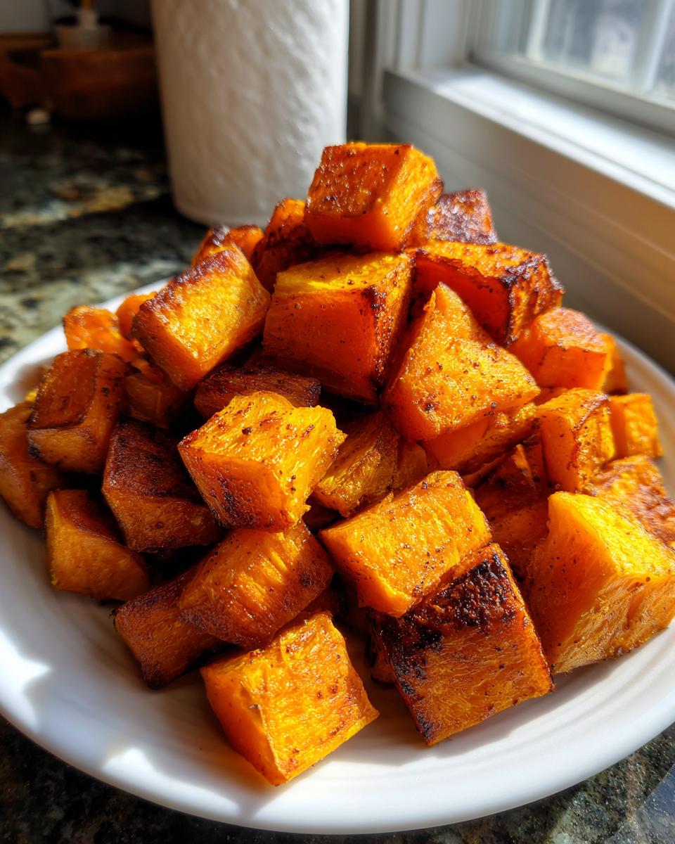 A pile of golden brown, caramelized roasted butternut squash cubes served on a white plate.