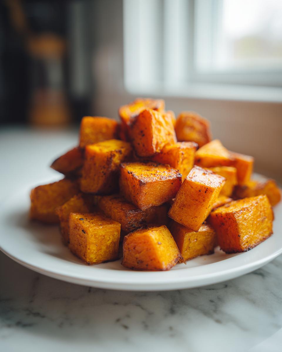 A pile of golden brown, caramelized roasted butternut squash cubes served on a white plate.