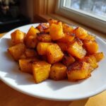 A white plate piled high with golden brown, caramelized roasted butternut squash cubes, seasoned with herbs.