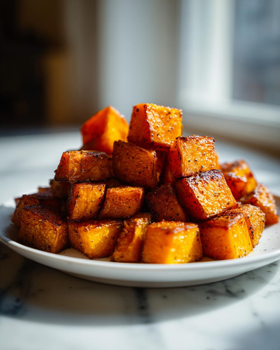 A pile of perfectly caramelized and seasoned roasted butternut squash cubes stacked on a white plate.