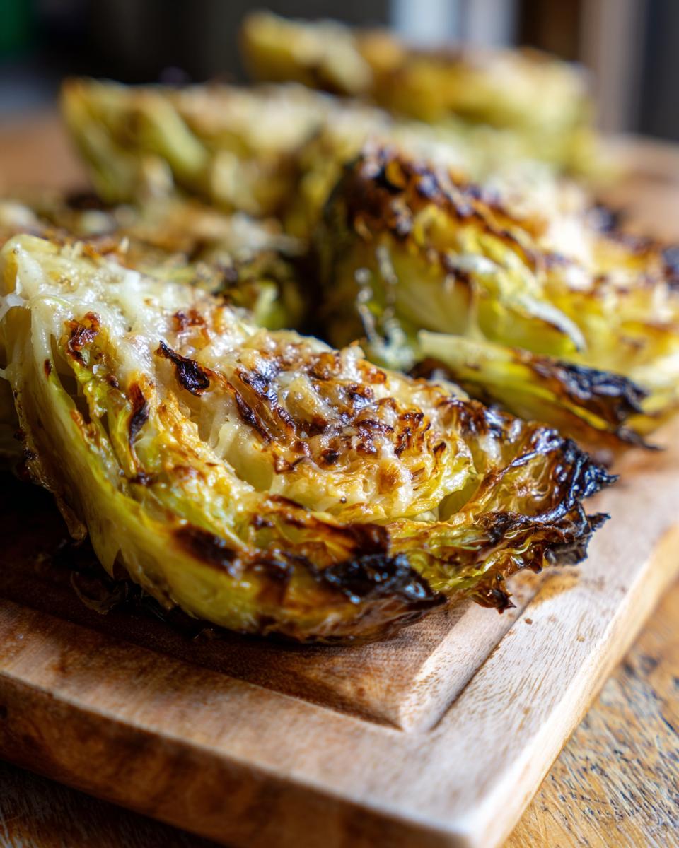 Close-up of roasted cabbage wedges, showing caramelized edges and a melted, cheesy topping, part of an amazing cabbage recipe.