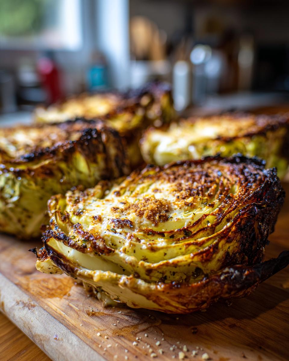 Close-up of roasted cabbage recipe wedges with a browned, herbed crust resting on a wooden cutting board.