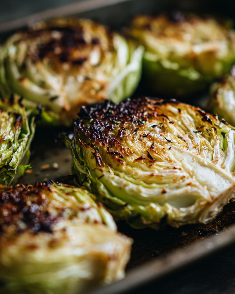 Close-up of roasted cabbage wedges, showing caramelized, browned edges from this amazing cabbage recipe.