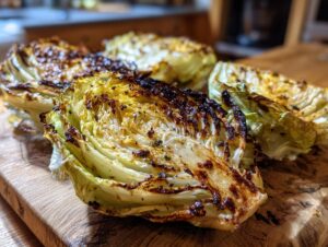 Close-up of charred, roasted cabbage wedges, a delicious cabbage recipe, resting on a wooden cutting board.
