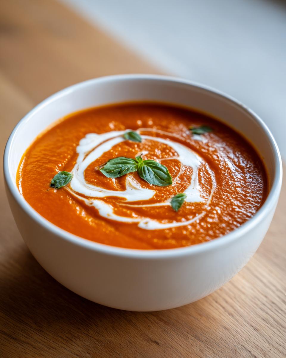 A vibrant bowl of roasted tomato soup, swirled with cream and topped with fresh basil leaves.
