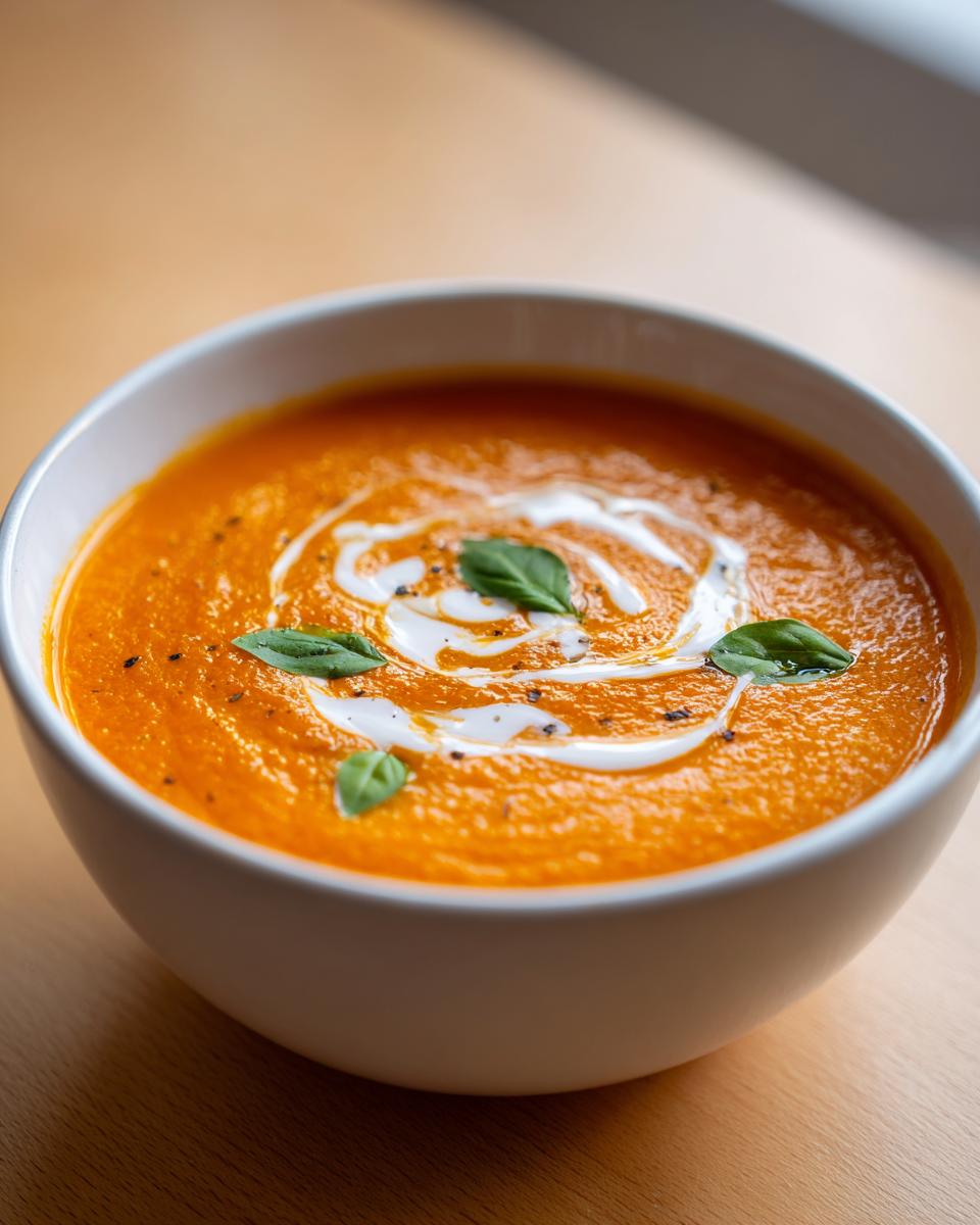 Close-up of a bowl of vibrant orange roasted tomato soup, swirled with cream and topped with fresh basil leaves.