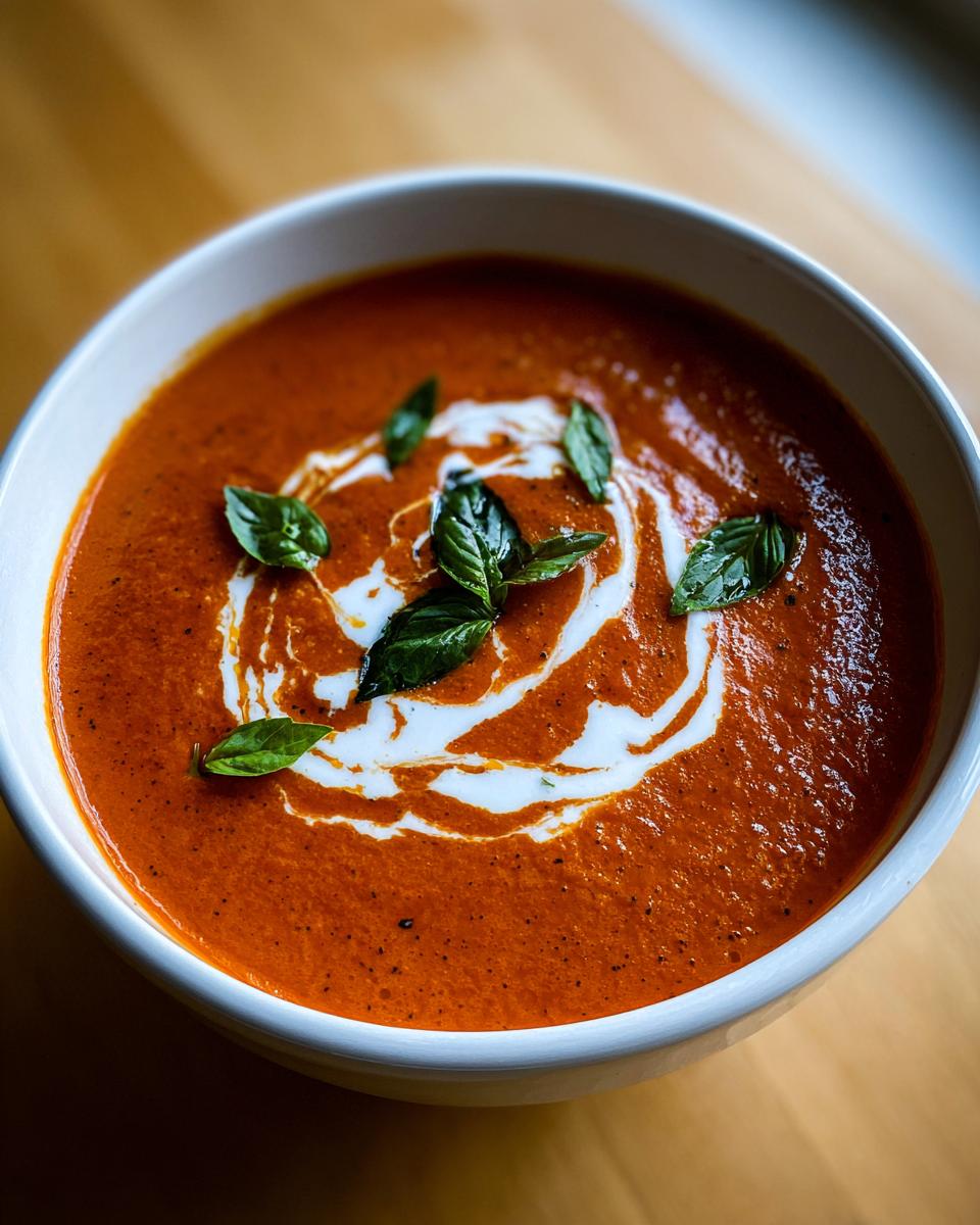 Close-up of a bowl of rich, red roasted tomato soup, swirled with cream and topped with fresh basil leaves.