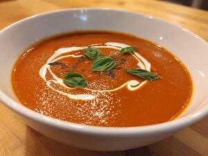 Close-up of a white bowl filled with vibrant orange roasted tomato soup, swirled with cream and topped with fresh basil leaves.