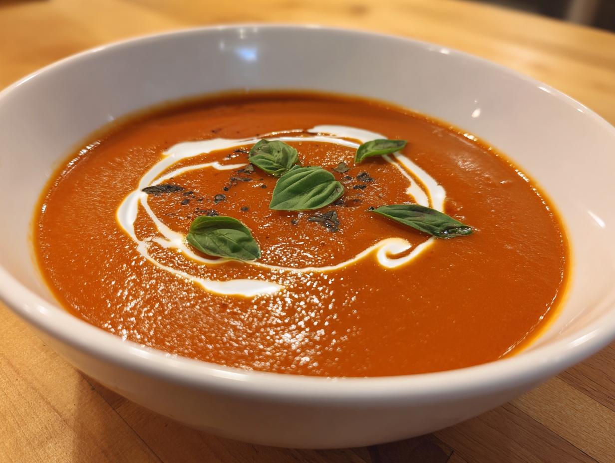 Close-up of a white bowl filled with vibrant orange roasted tomato soup, swirled with cream and topped with fresh basil leaves.