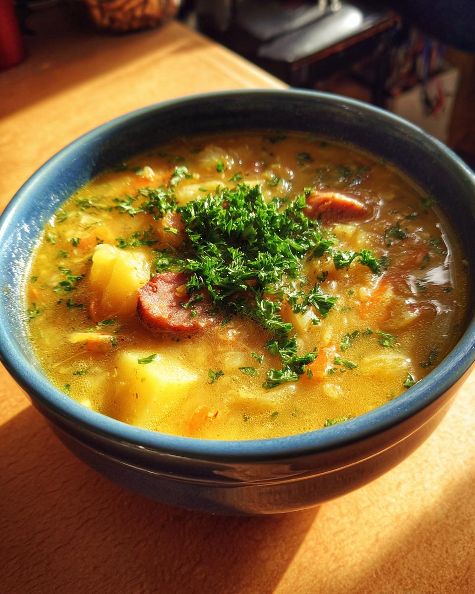 A close-up of a steaming bowl of yellow sauerkraut soup, featuring chunks of potato, sausage slices, and topped with fresh parsley.