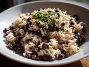 A close-up shot of fluffy white rice mixed with dark black beans and topped with fresh chopped parsley, representing black beans and rice.