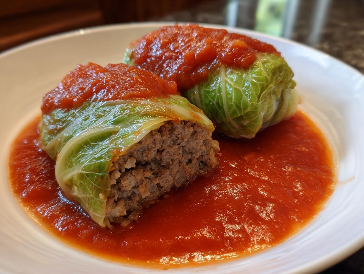 Close-up of two savory cabbage rolls stuffed with ground meat, covered in bright red tomato sauce.