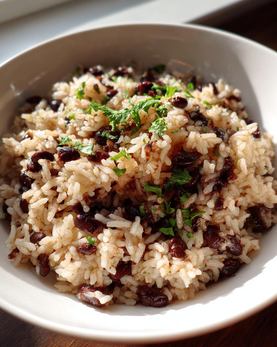 Close-up of a white bowl filled with savory black beans and rice, garnished with fresh parsley.