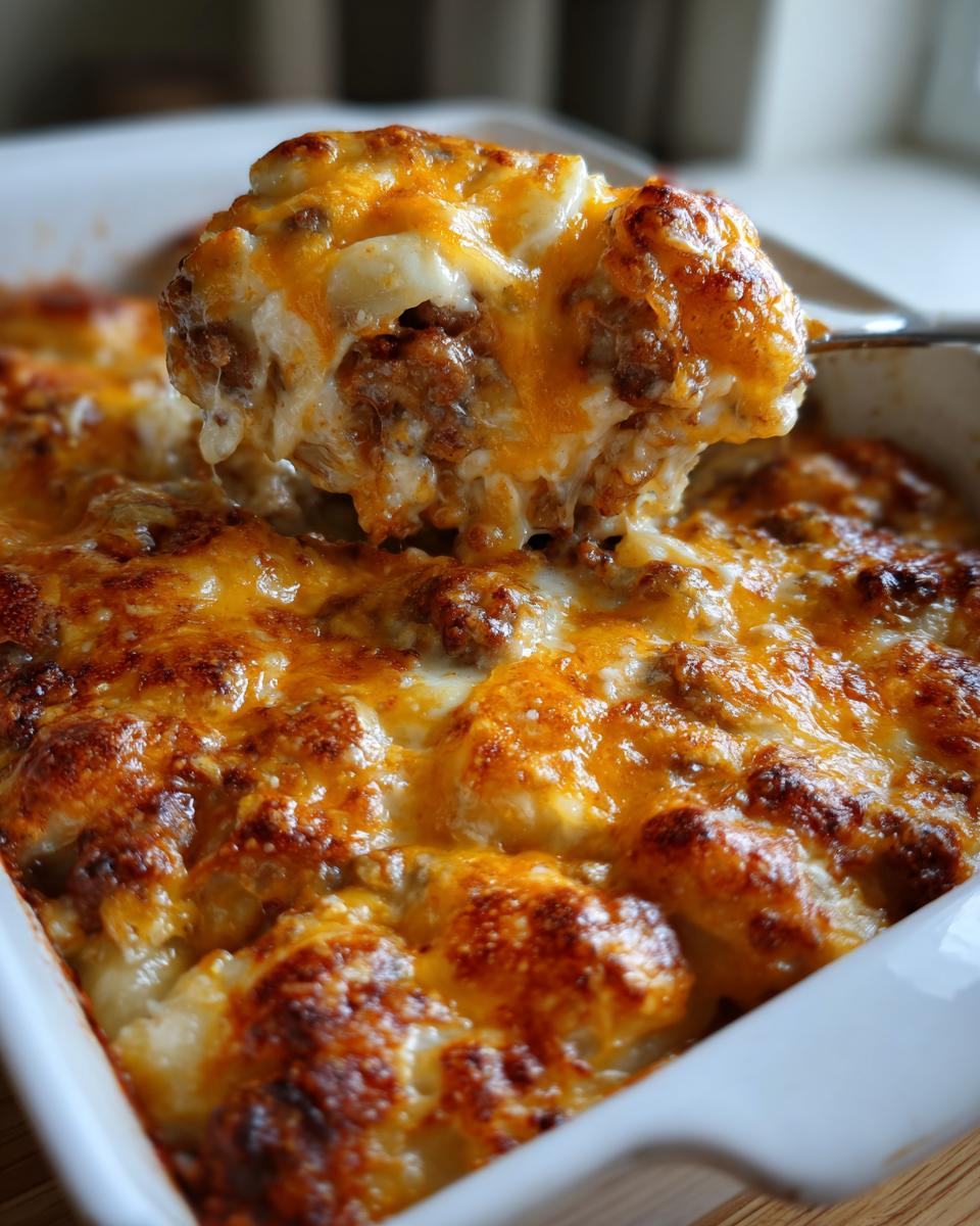 A spoonful of creamy, cheesy pierogi casserole being lifted from a white baking dish, showing browned cheese topping.