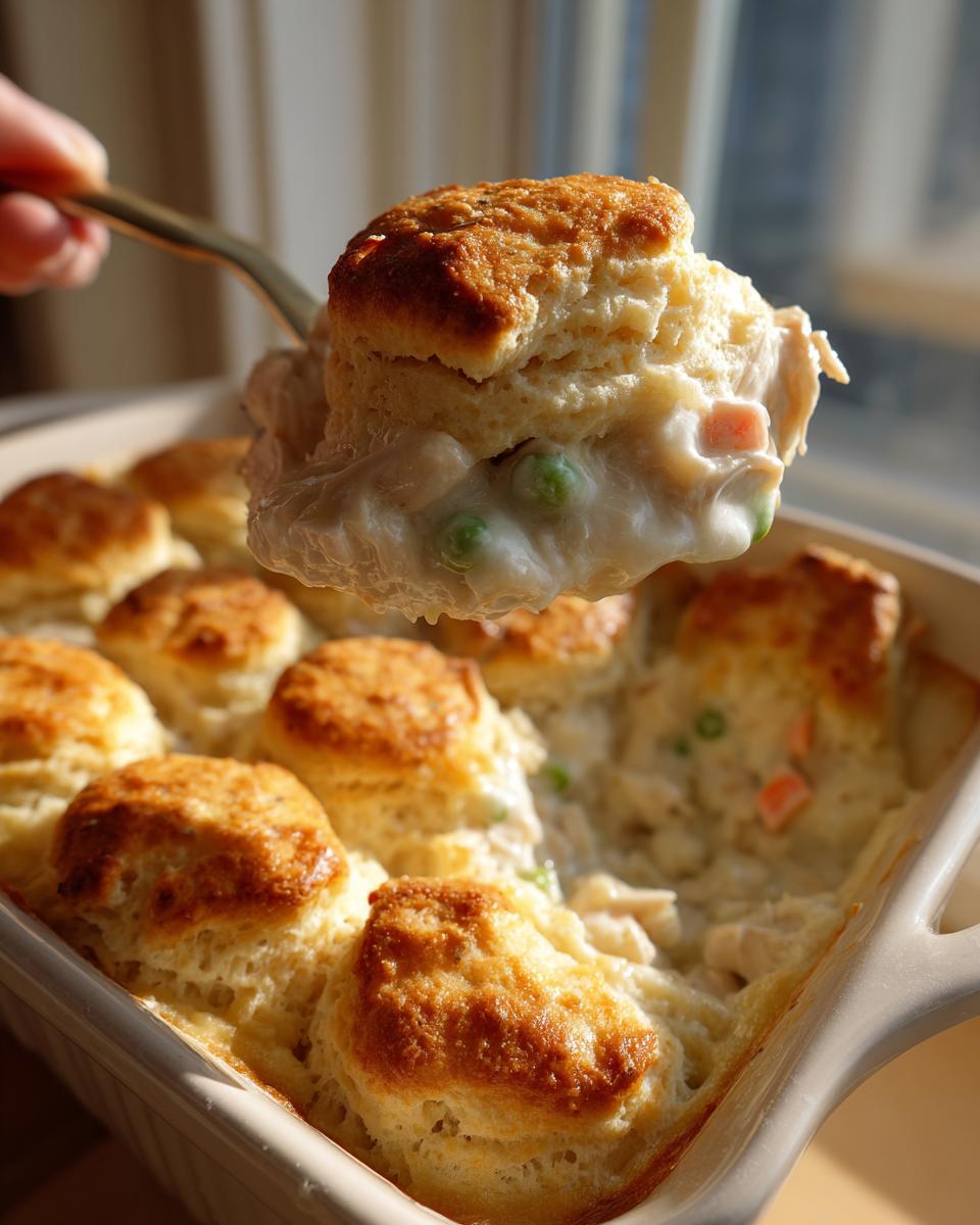 A spoonful of creamy filling and a golden biscuit being lifted from a baking dish of chicken pot pie casserole.