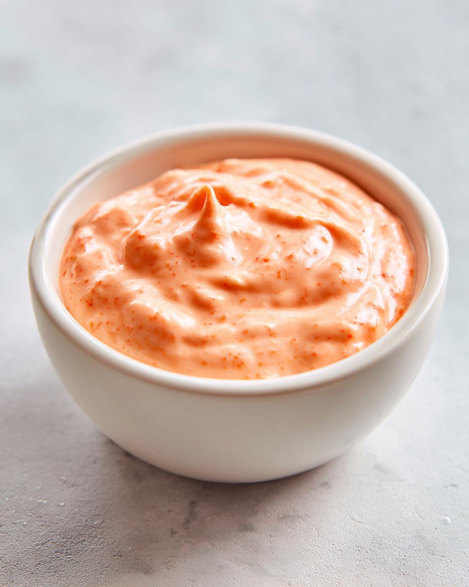 Close-up of creamy, orange-hued smash burger sauce with visible spice flecks in a small white bowl.
