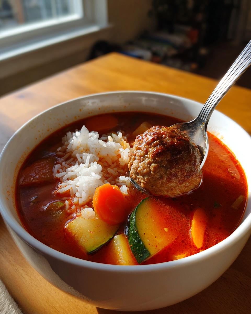 A spoonful lifts a large meatball from a bowl of vibrant red albondigas soup containing rice and chunky vegetables.