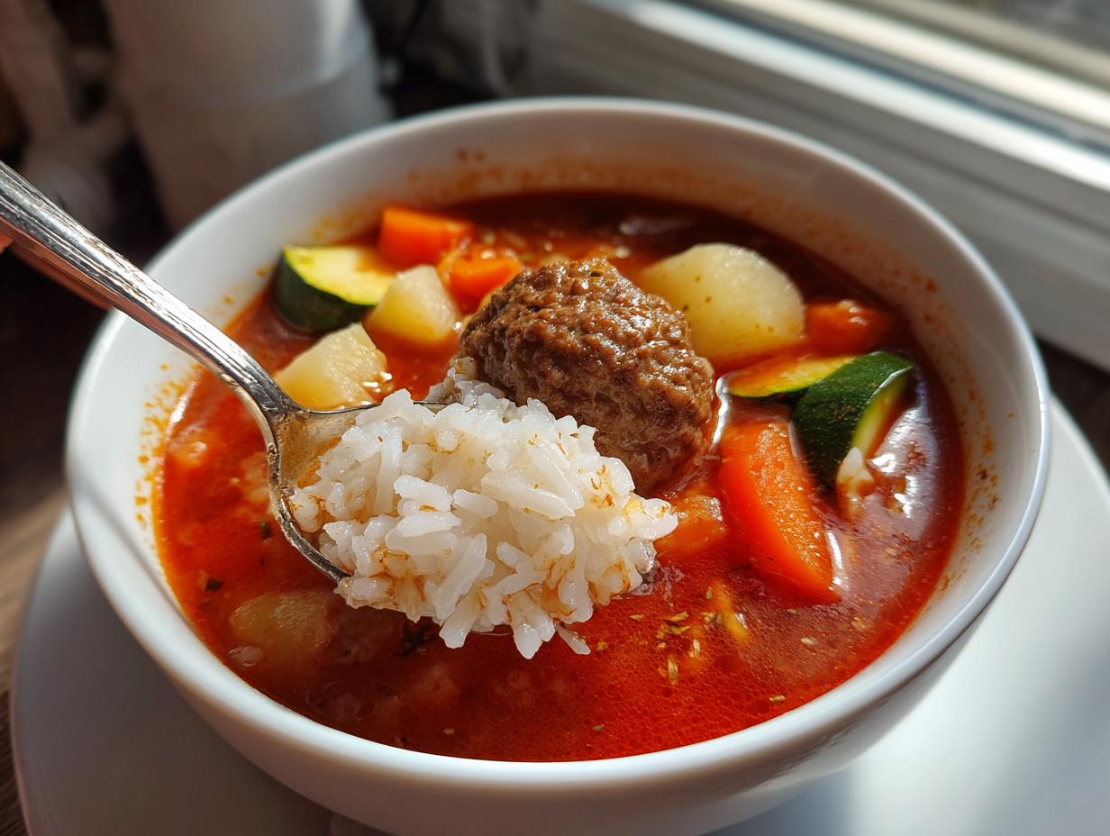 A spoonful of white rice being lifted from a bowl of vibrant red albondigas soup containing a meatball and vegetables.