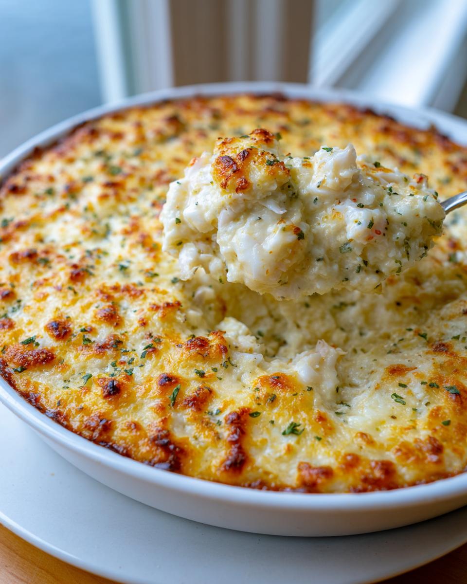 A spoonful of creamy, cheesy hot crab dip being lifted from a white baking dish topped with browned cheese and parsley.